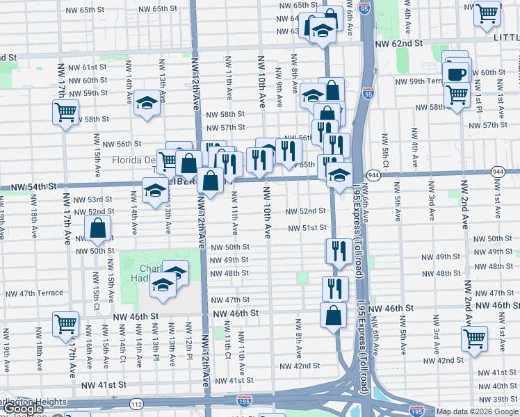 map of restaurants, bars, coffee shops, grocery stores, and more near 5110 Northwest 10th Avenue in Miami