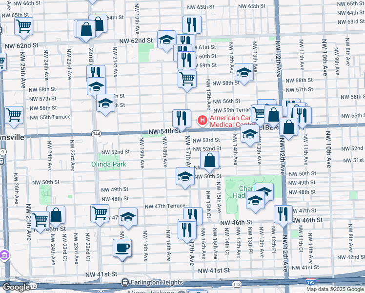 map of restaurants, bars, coffee shops, grocery stores, and more near 5155 Northwest 17th Avenue in Miami