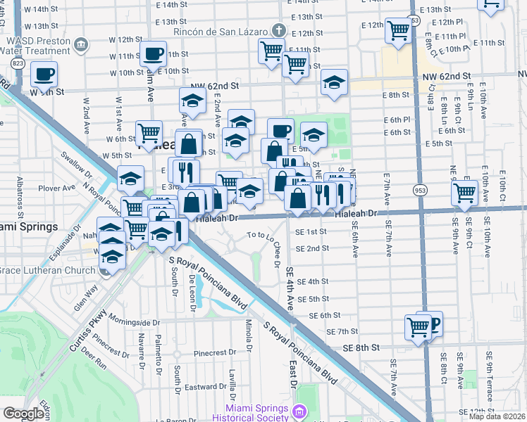 map of restaurants, bars, coffee shops, grocery stores, and more near in Hialeah
