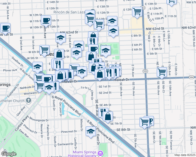 map of restaurants, bars, coffee shops, grocery stores, and more near 410 Hialeah Drive in Hialeah