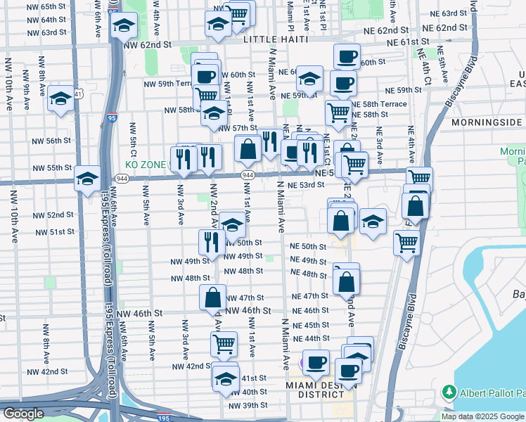 map of restaurants, bars, coffee shops, grocery stores, and more near 76 Northwest 53rd Street in Miami