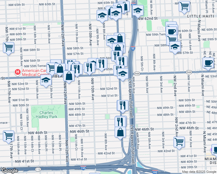 map of restaurants, bars, coffee shops, grocery stores, and more near 785 Northwest 53rd Street in Miami