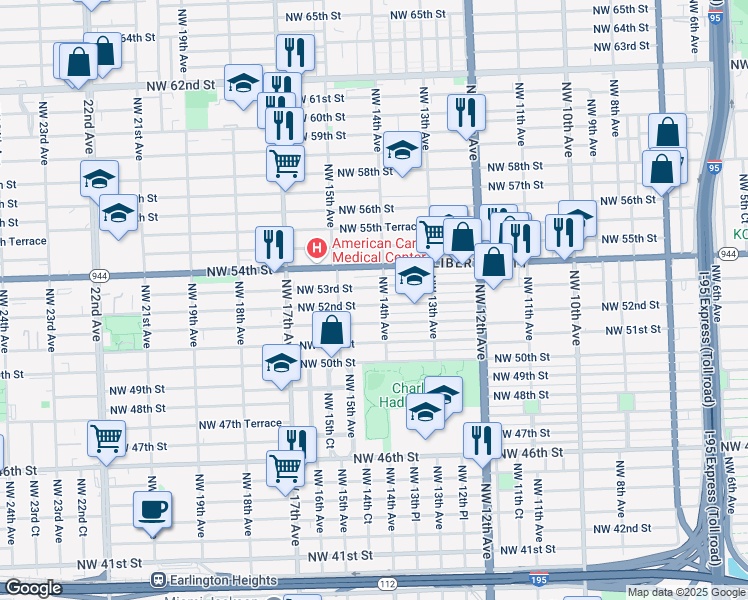 map of restaurants, bars, coffee shops, grocery stores, and more near 1455 Northwest 53rd Street in Miami