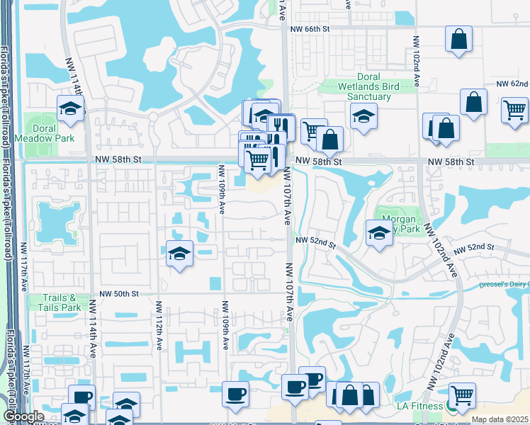 map of restaurants, bars, coffee shops, grocery stores, and more near 5580 Northwest 107th Avenue in Doral