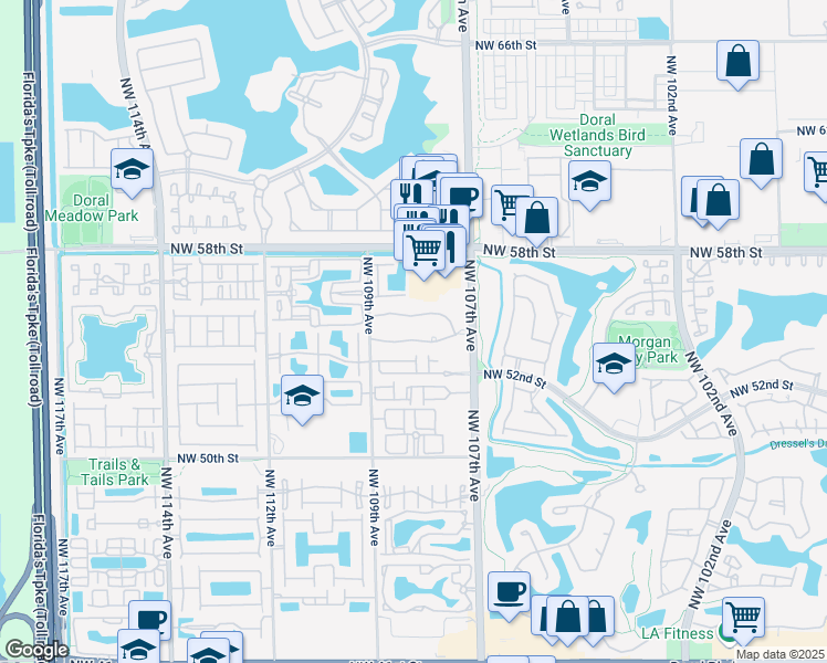 map of restaurants, bars, coffee shops, grocery stores, and more near 5580 Northwest 107th Avenue in Doral
