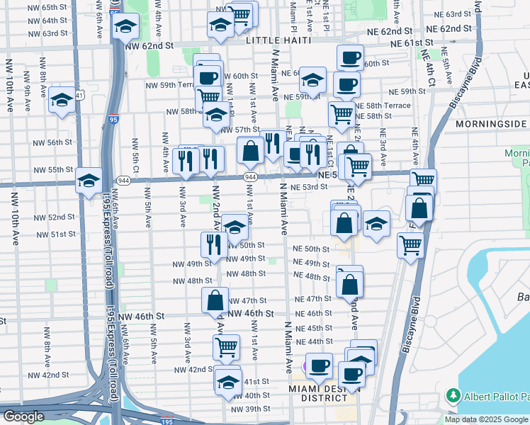 map of restaurants, bars, coffee shops, grocery stores, and more near 76 Northwest 53rd Street in Miami