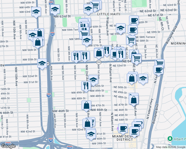 map of restaurants, bars, coffee shops, grocery stores, and more near 148 Northwest 53rd Street in Miami