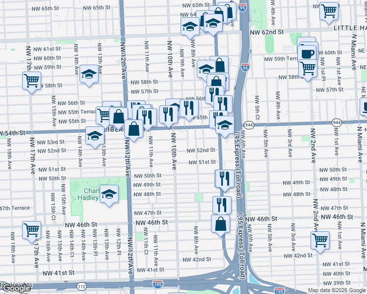 map of restaurants, bars, coffee shops, grocery stores, and more near 901 Northwest 53rd Street in Miami