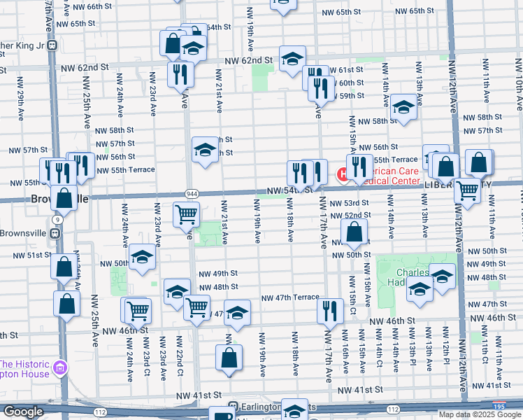 map of restaurants, bars, coffee shops, grocery stores, and more near 1900 Northwest 54th Street in Miami