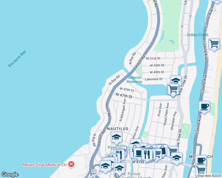 map of restaurants, bars, coffee shops, grocery stores, and more near 4720 North Bay Road in Miami Beach