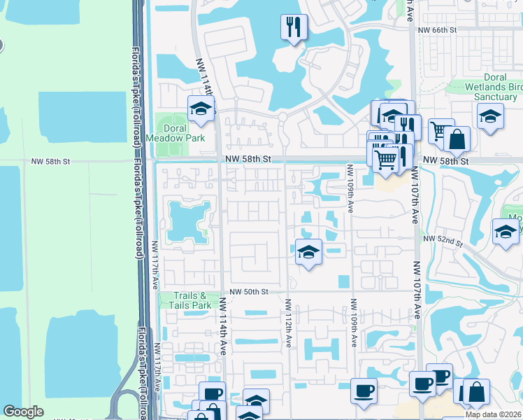 map of restaurants, bars, coffee shops, grocery stores, and more near 11241 Northwest 55th Lane in Doral
