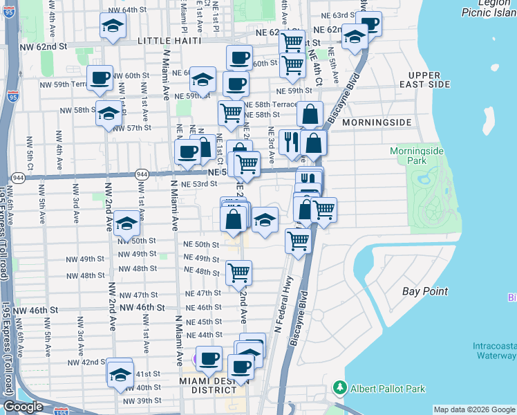 map of restaurants, bars, coffee shops, grocery stores, and more near 5205 Northeast 2nd Court in Miami