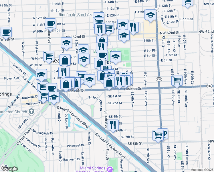 map of restaurants, bars, coffee shops, grocery stores, and more near 435 Hialeah Drive in Hialeah