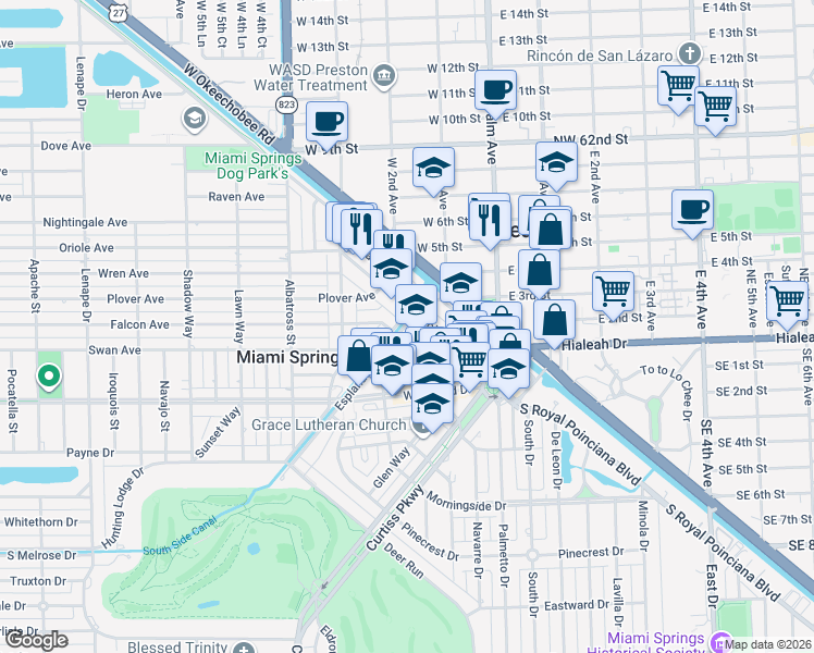map of restaurants, bars, coffee shops, grocery stores, and more near 71 Market Street in Miami Springs