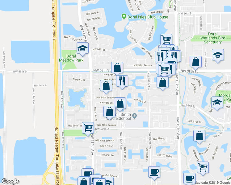 map of restaurants, bars, coffee shops, grocery stores, and more near 11241 Northwest 55th Lane in Doral