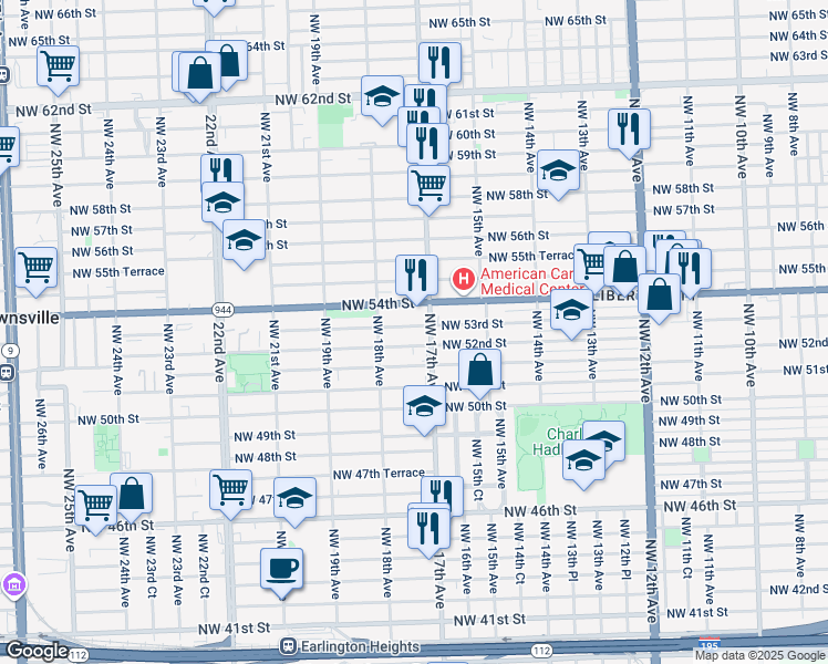 map of restaurants, bars, coffee shops, grocery stores, and more near 5315 Northwest 17th Avenue in Miami