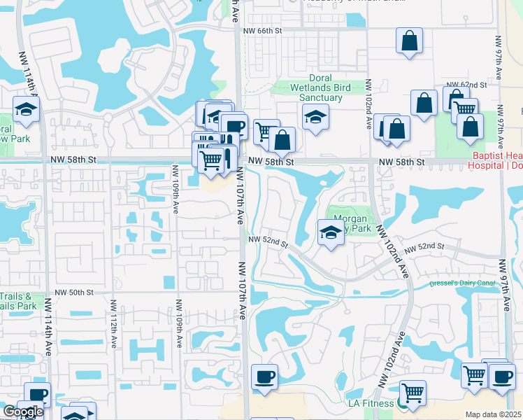 map of restaurants, bars, coffee shops, grocery stores, and more near 5360 Northwest 106th Court in Doral