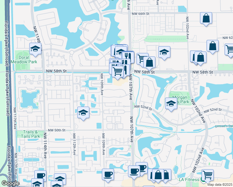 map of restaurants, bars, coffee shops, grocery stores, and more near 5580 Northwest 107th Avenue in Doral