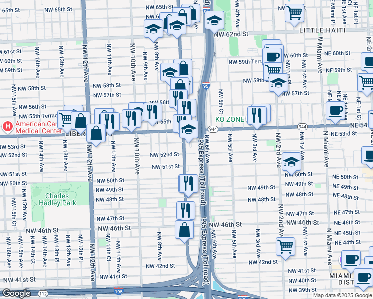 map of restaurants, bars, coffee shops, grocery stores, and more near in Miami