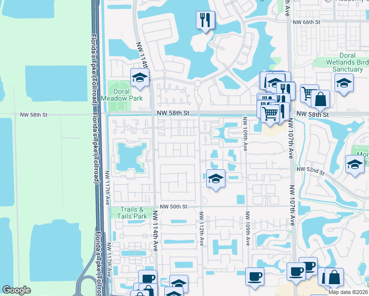 map of restaurants, bars, coffee shops, grocery stores, and more near 11241 Northwest 55th Lane in Doral