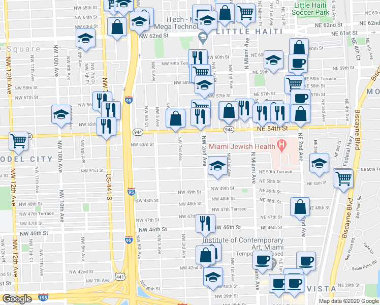 map of restaurants, bars, coffee shops, grocery stores, and more near 232 Northwest 53rd Street in Miami