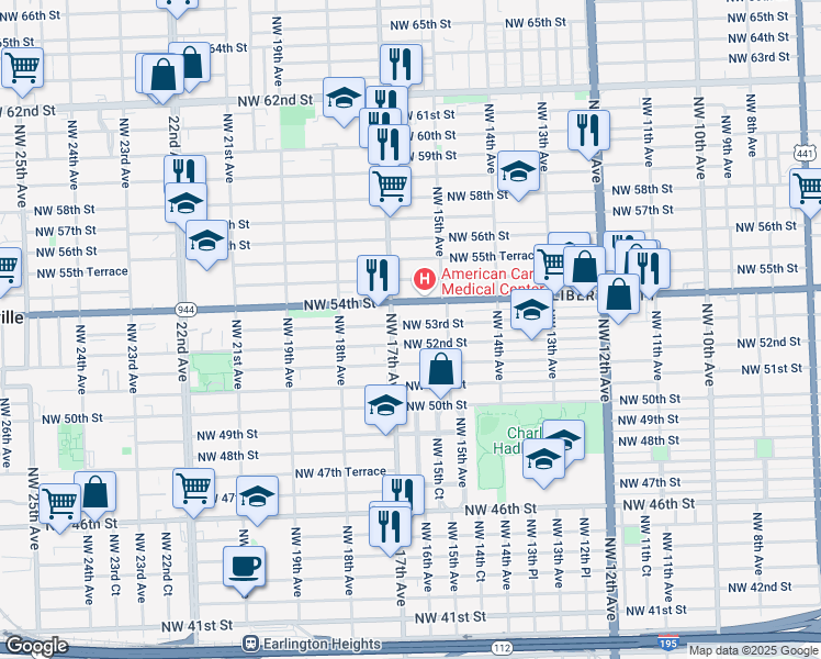 map of restaurants, bars, coffee shops, grocery stores, and more near 5315 Northwest 17th Avenue in Miami