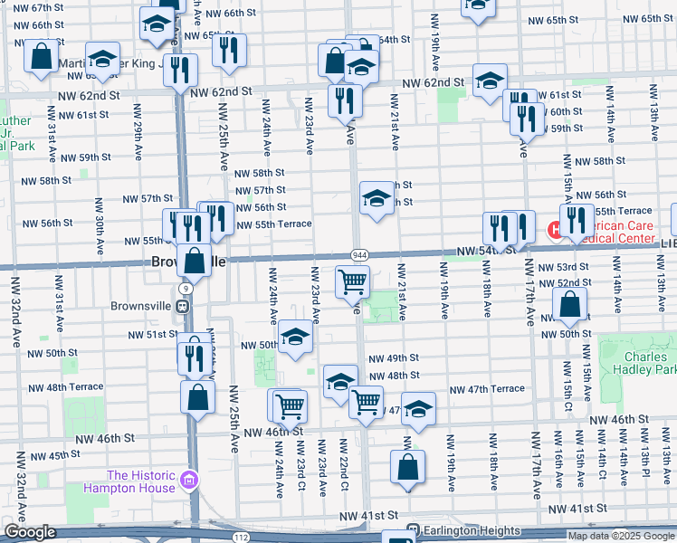 map of restaurants, bars, coffee shops, grocery stores, and more near 2211 Northwest 54th Street in Miami