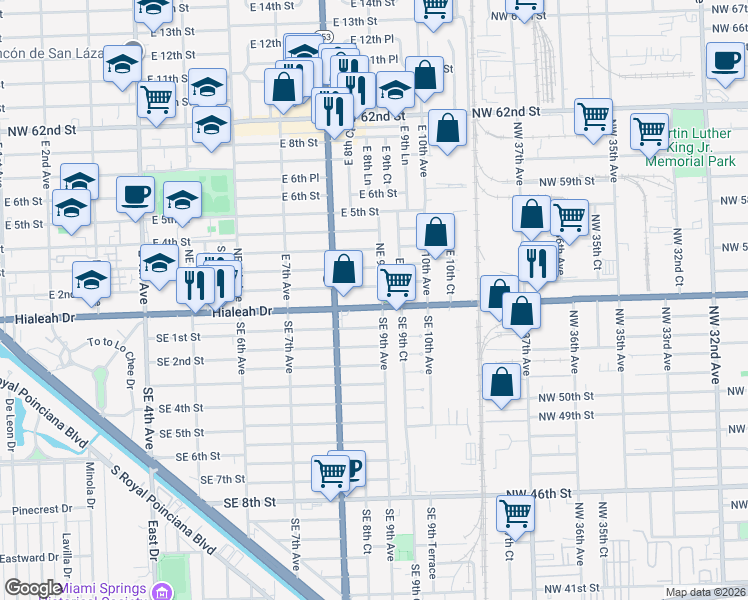 map of restaurants, bars, coffee shops, grocery stores, and more near 880 Northeast 1st Place in Hialeah