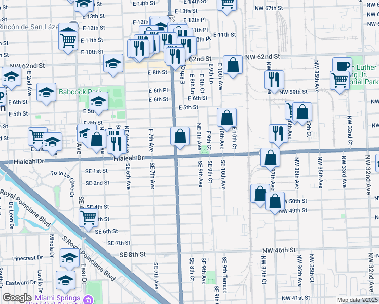 map of restaurants, bars, coffee shops, grocery stores, and more near 880 Northeast 1st Place in Hialeah