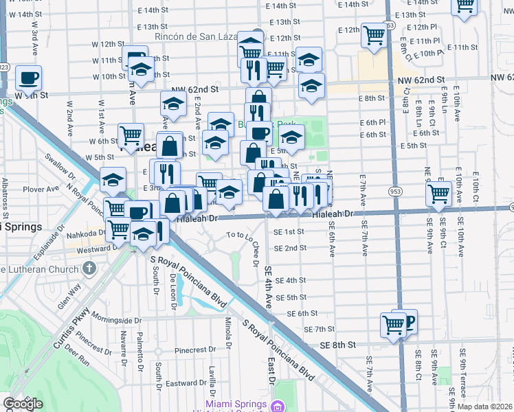 map of restaurants, bars, coffee shops, grocery stores, and more near 368 East 2nd Street in Hialeah