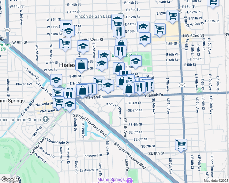 map of restaurants, bars, coffee shops, grocery stores, and more near 368 East 2nd Street in Hialeah
