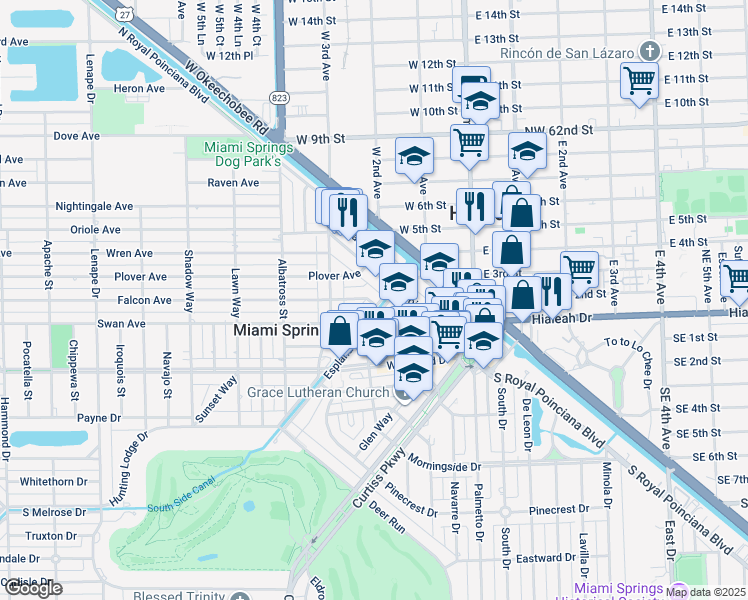 map of restaurants, bars, coffee shops, grocery stores, and more near 315 Falcon Avenue in Miami Springs