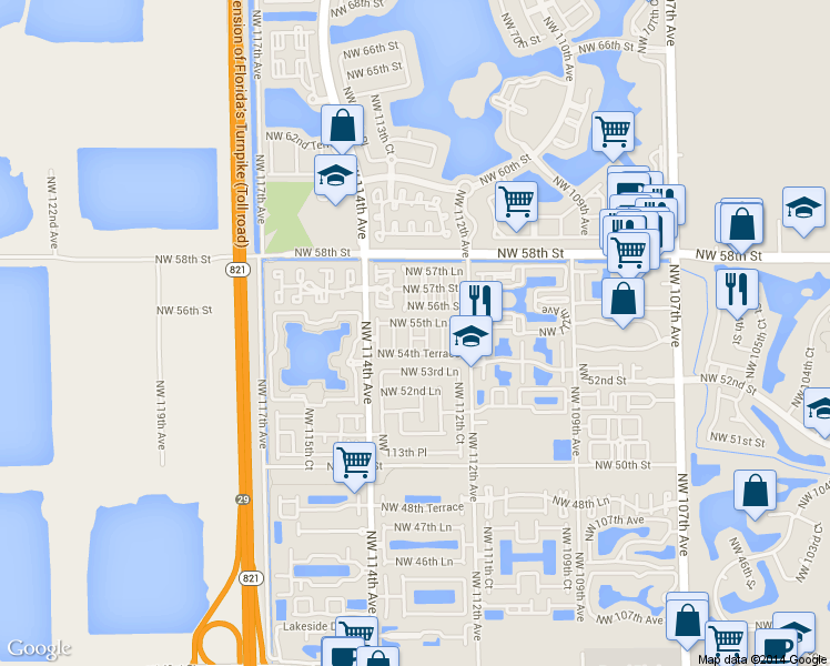 map of restaurants, bars, coffee shops, grocery stores, and more near 11313 Northwest 55th Lane in Doral