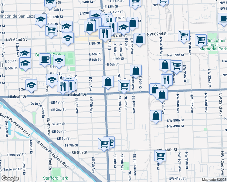 map of restaurants, bars, coffee shops, grocery stores, and more near 880 Northeast 1st Place in Hialeah