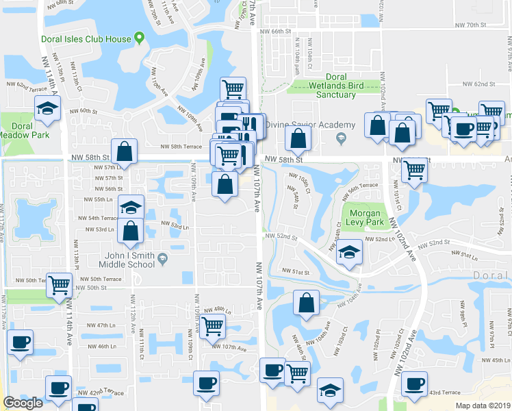 map of restaurants, bars, coffee shops, grocery stores, and more near 5402 Northwest 107th Avenue in Doral