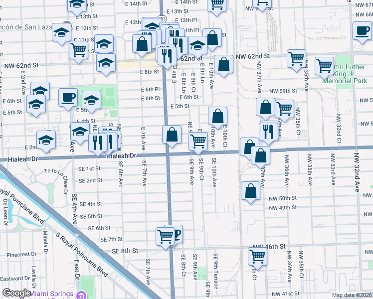map of restaurants, bars, coffee shops, grocery stores, and more near 880 Northeast 1st Place in Hialeah