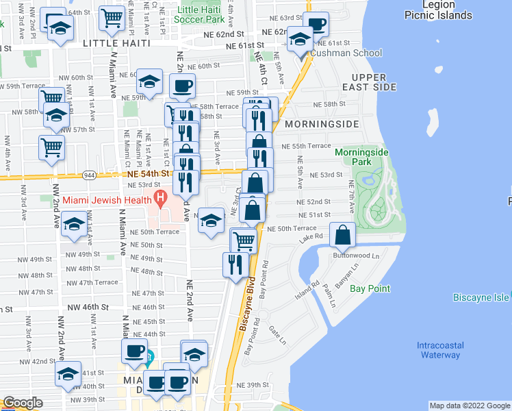 map of restaurants, bars, coffee shops, grocery stores, and more near 5132 Biscayne Boulevard in Miami