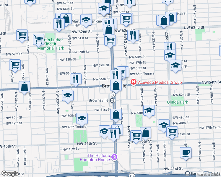 map of restaurants, bars, coffee shops, grocery stores, and more near in Brownsville