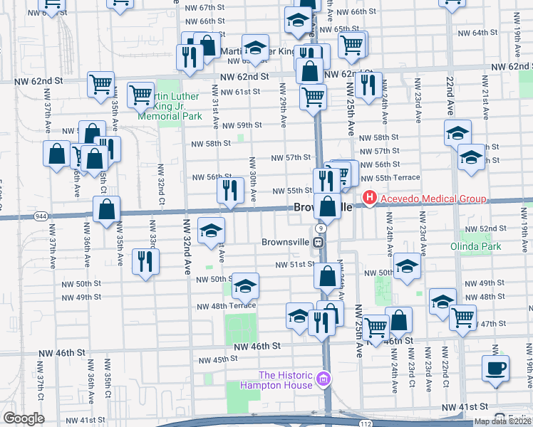 map of restaurants, bars, coffee shops, grocery stores, and more near 2955 Northwest 54th Street in Miami