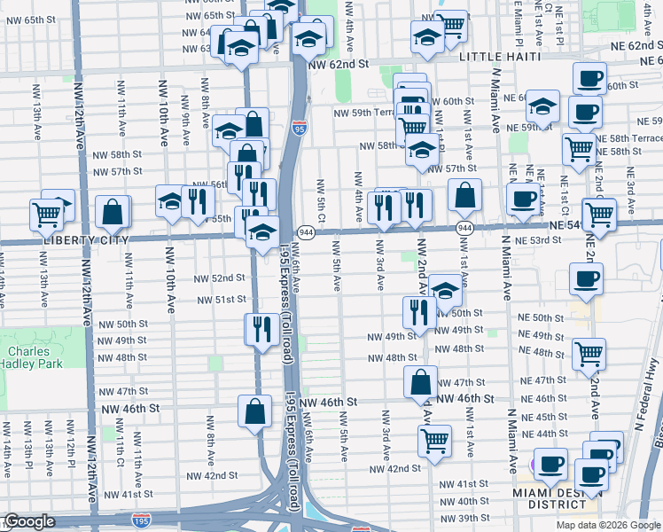 map of restaurants, bars, coffee shops, grocery stores, and more near 5220 Northwest 5th Avenue in Miami
