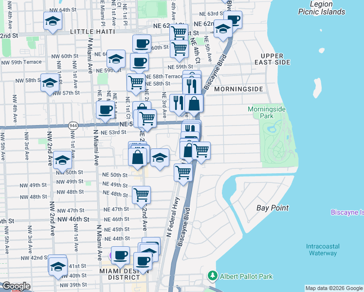 map of restaurants, bars, coffee shops, grocery stores, and more near 5265 Northeast 3rd Court in Miami