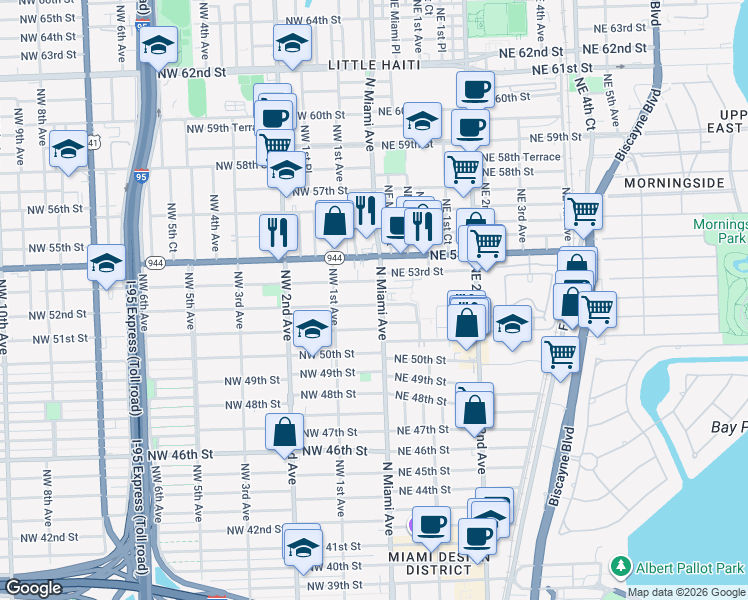 map of restaurants, bars, coffee shops, grocery stores, and more near 5224 North Miami Avenue in Miami
