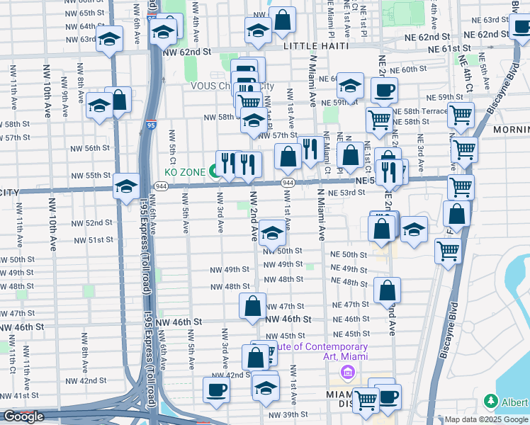 map of restaurants, bars, coffee shops, grocery stores, and more near 148 Northwest 53rd Street in Miami