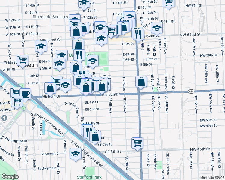 map of restaurants, bars, coffee shops, grocery stores, and more near 26 East 6th Avenue in Hialeah