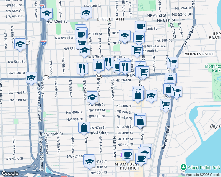 map of restaurants, bars, coffee shops, grocery stores, and more near 5224 North Miami Avenue in Miami