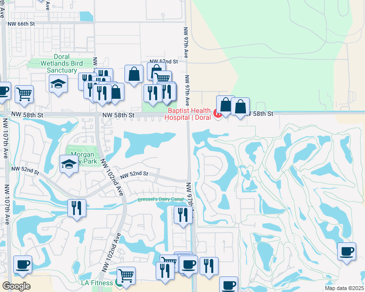 map of restaurants, bars, coffee shops, grocery stores, and more near 9735 Northwest 52nd Street in Doral