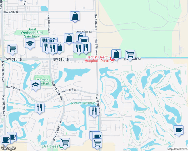 map of restaurants, bars, coffee shops, grocery stores, and more near 9735 Northwest 52nd Street in Doral