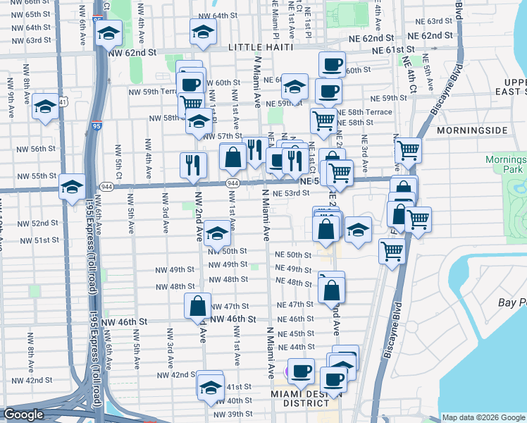 map of restaurants, bars, coffee shops, grocery stores, and more near 5224 North Miami Avenue in Miami