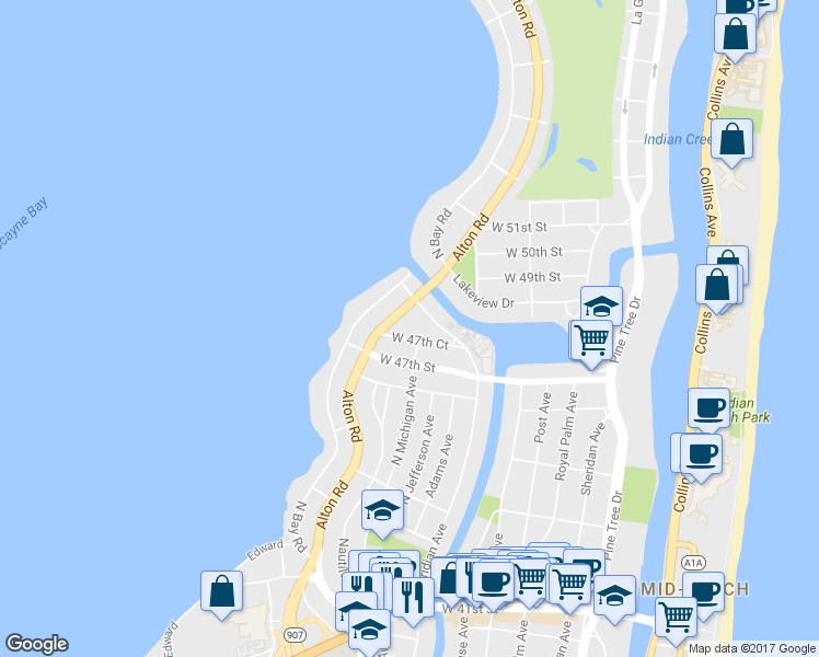 map of restaurants, bars, coffee shops, grocery stores, and more near 4740 Florida 907 in Miami Beach