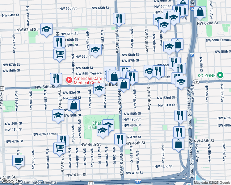map of restaurants, bars, coffee shops, grocery stores, and more near 1221 Northwest 53rd Street in Miami